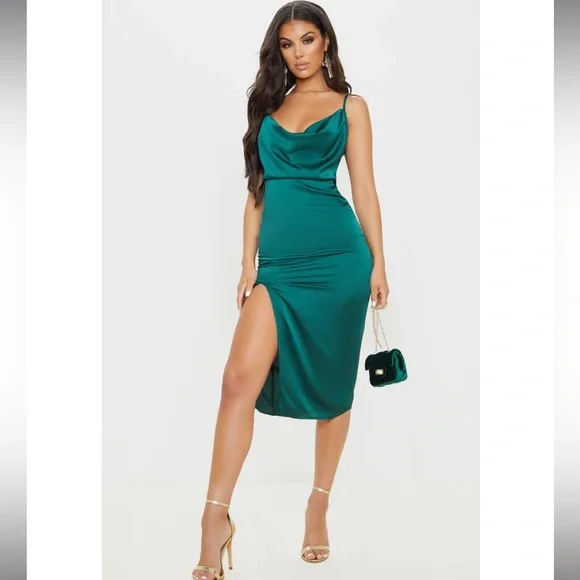 PrettyLittleThing Dresses Emerald Green Strappy Satin Cowl